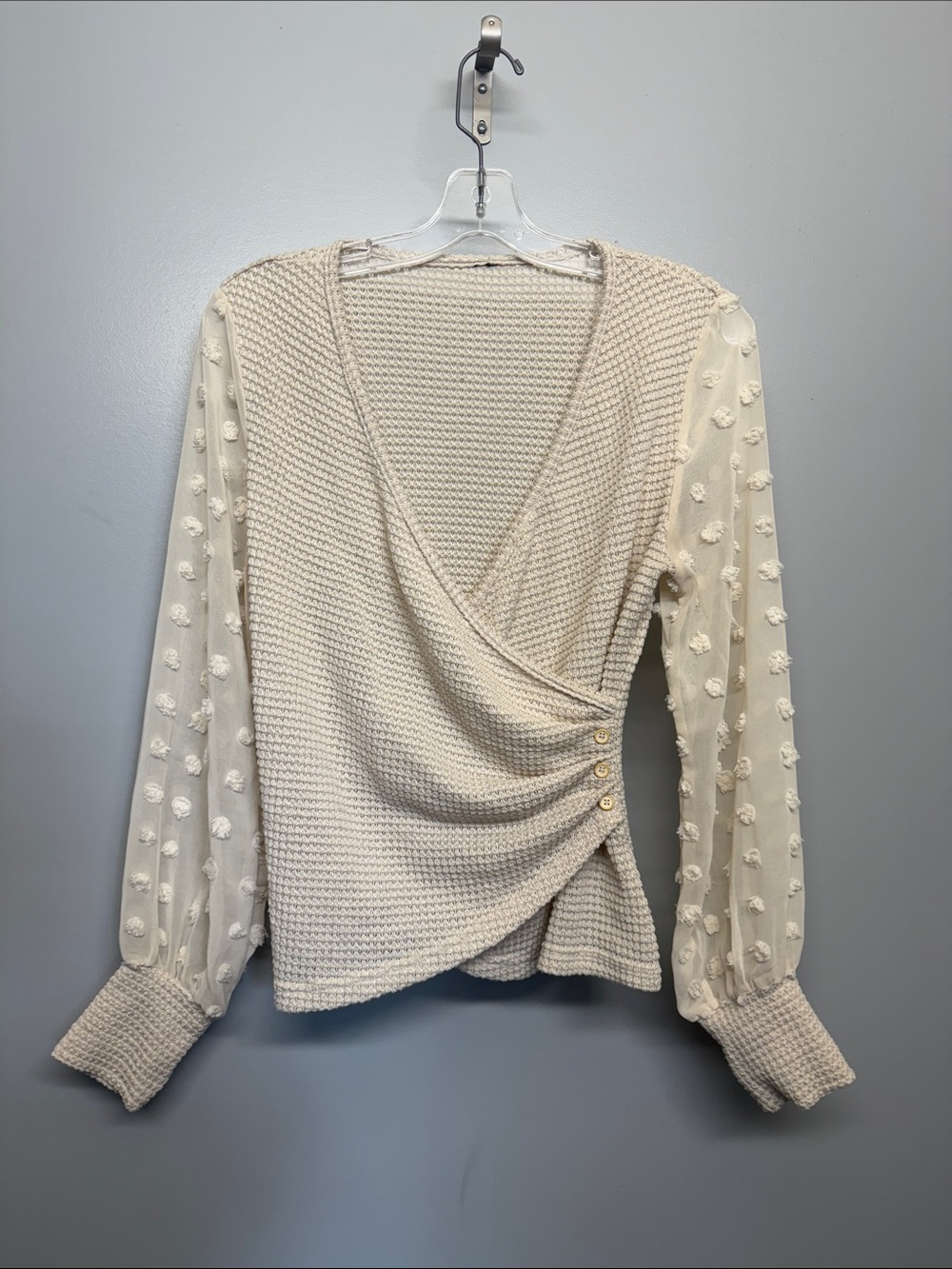 Cream Waffle Knit Faux Wrap Top Sheer SwissDot Sleeves Boho Cottagecore Feminine
